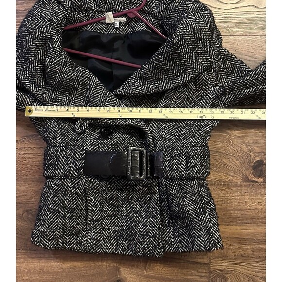 ZARA Wool Blend Belted Bouclé Coat Large* Herringbone Black White Shawl Collar - Picture 5 of 7